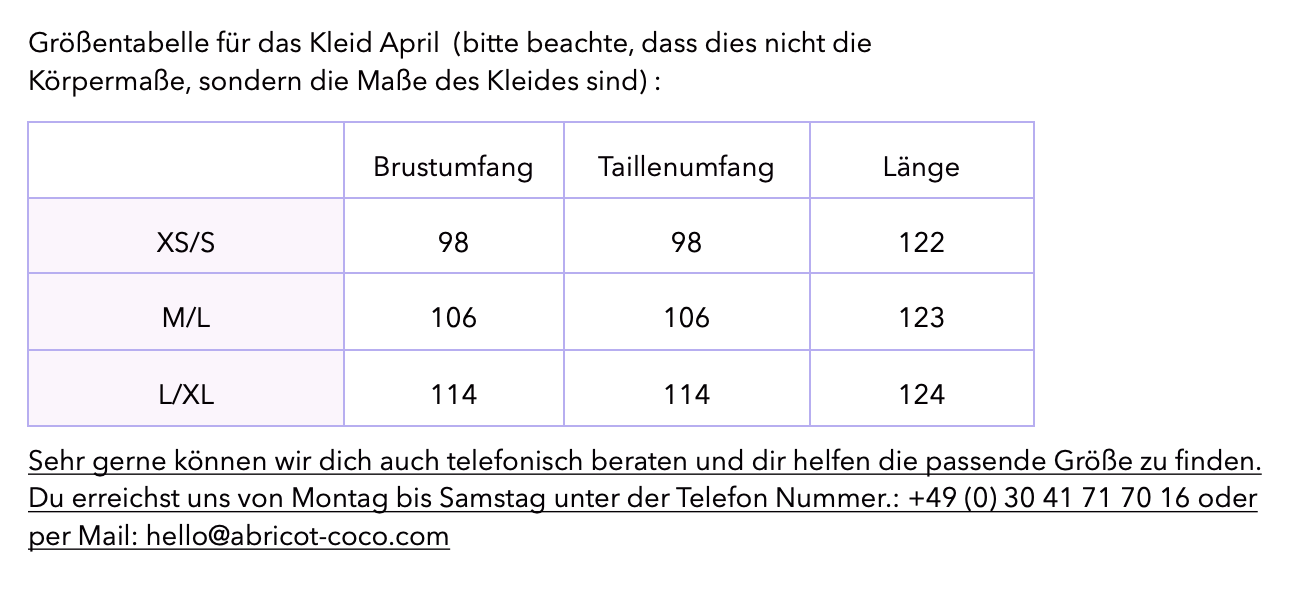 Grössentabelle