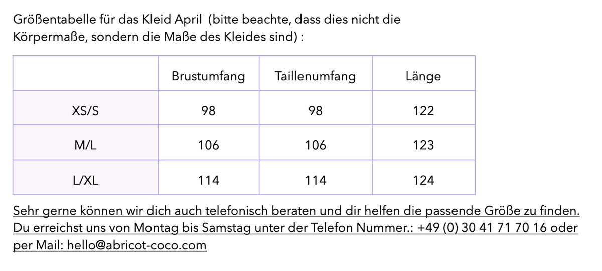 Grössentabelle