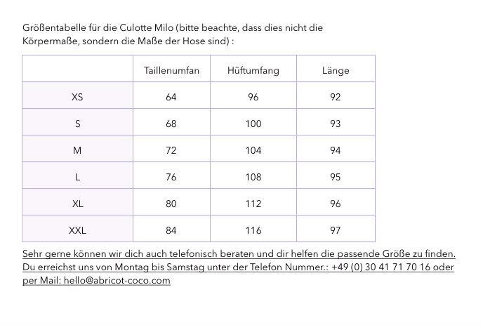 Grössentabelle