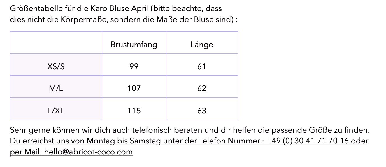 Grössentabelle