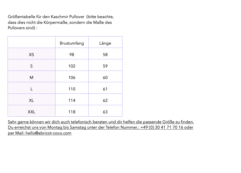 Grössentabelle