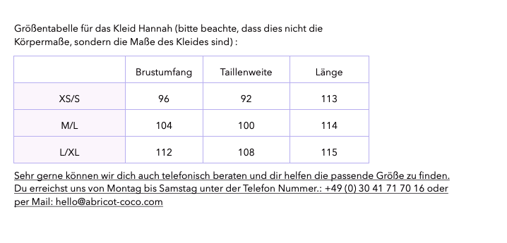 Grössentabelle
