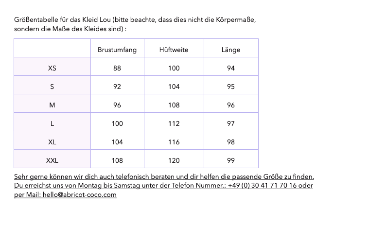 Grössentabelle