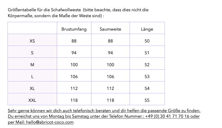 Grössentabelle