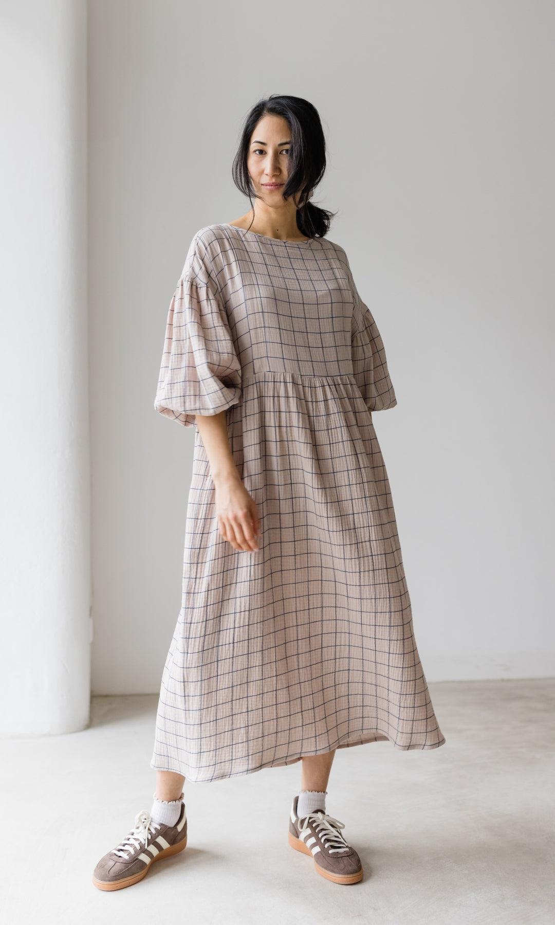 Kleid, Musselin, Karo, weit, Ballon Ärmel, Stillfunktion, Stillkleid, Stillen, Breastfeeding, sesam, sand, beige
