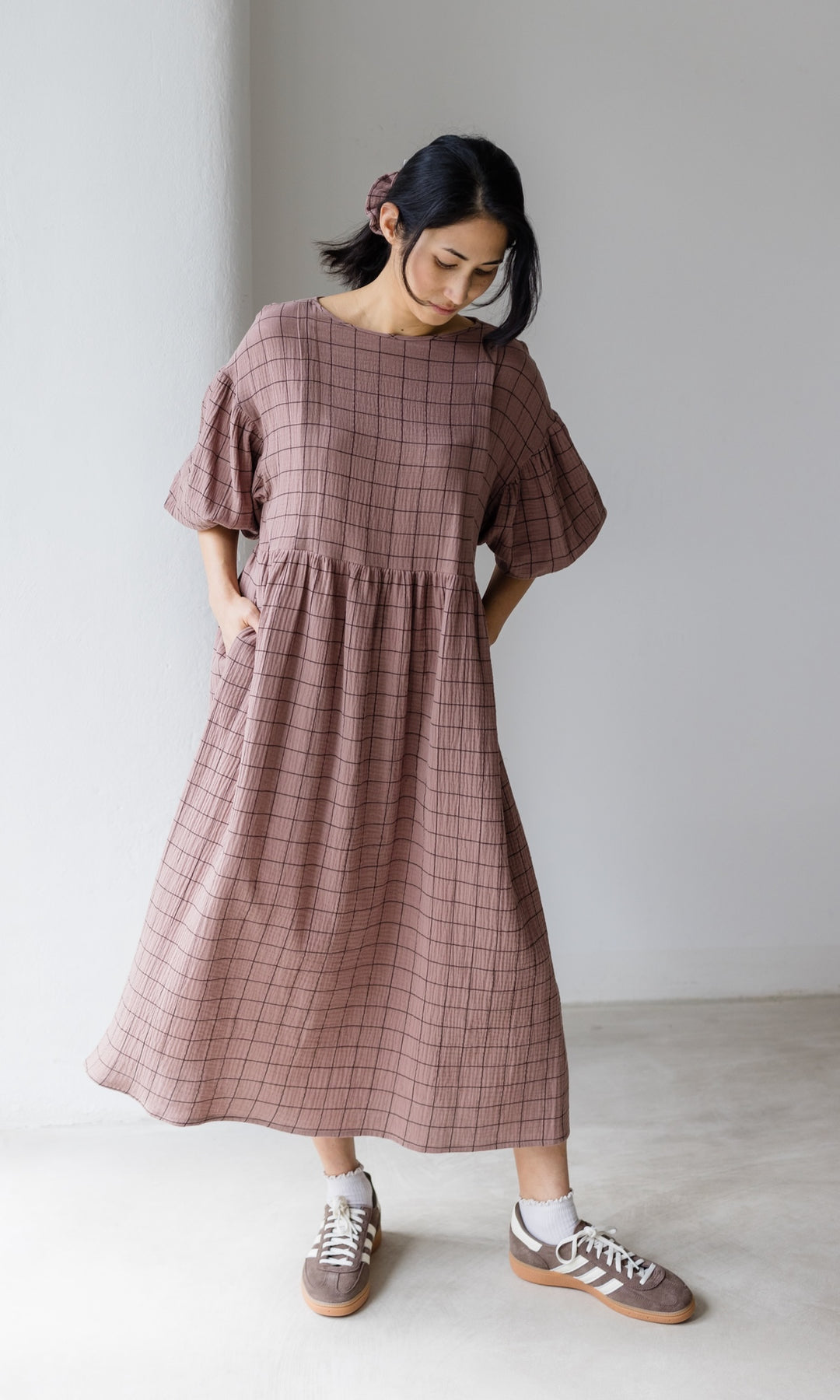 Kleid, Musselin, Karo, weit, Ballon Ärmel, Stillfunktion, Stillkleid, Stillen, Breastfeeding, braun,