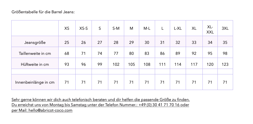 Grössentabelle