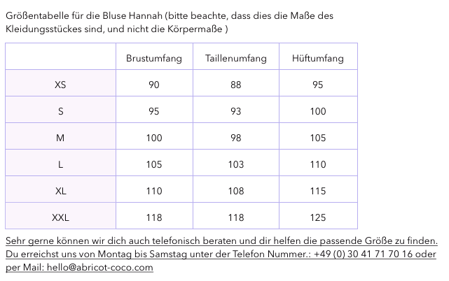 Grössentabelle