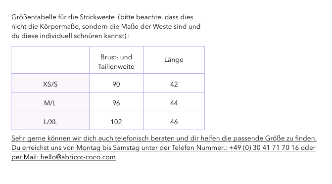 Grössentabelle