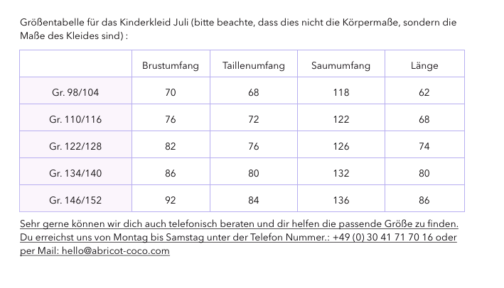 Grössentabelle