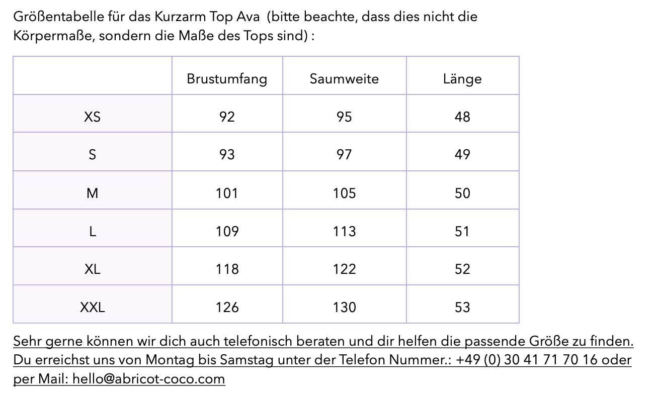 Grössentabelle