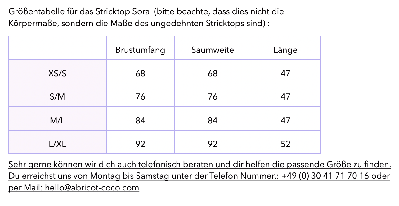Grössentabelle