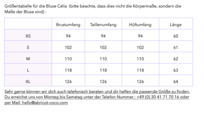 Grössentabelle