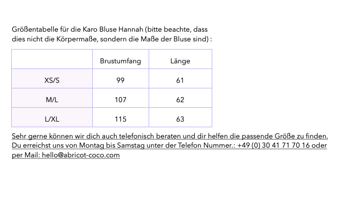 Grössentabelle