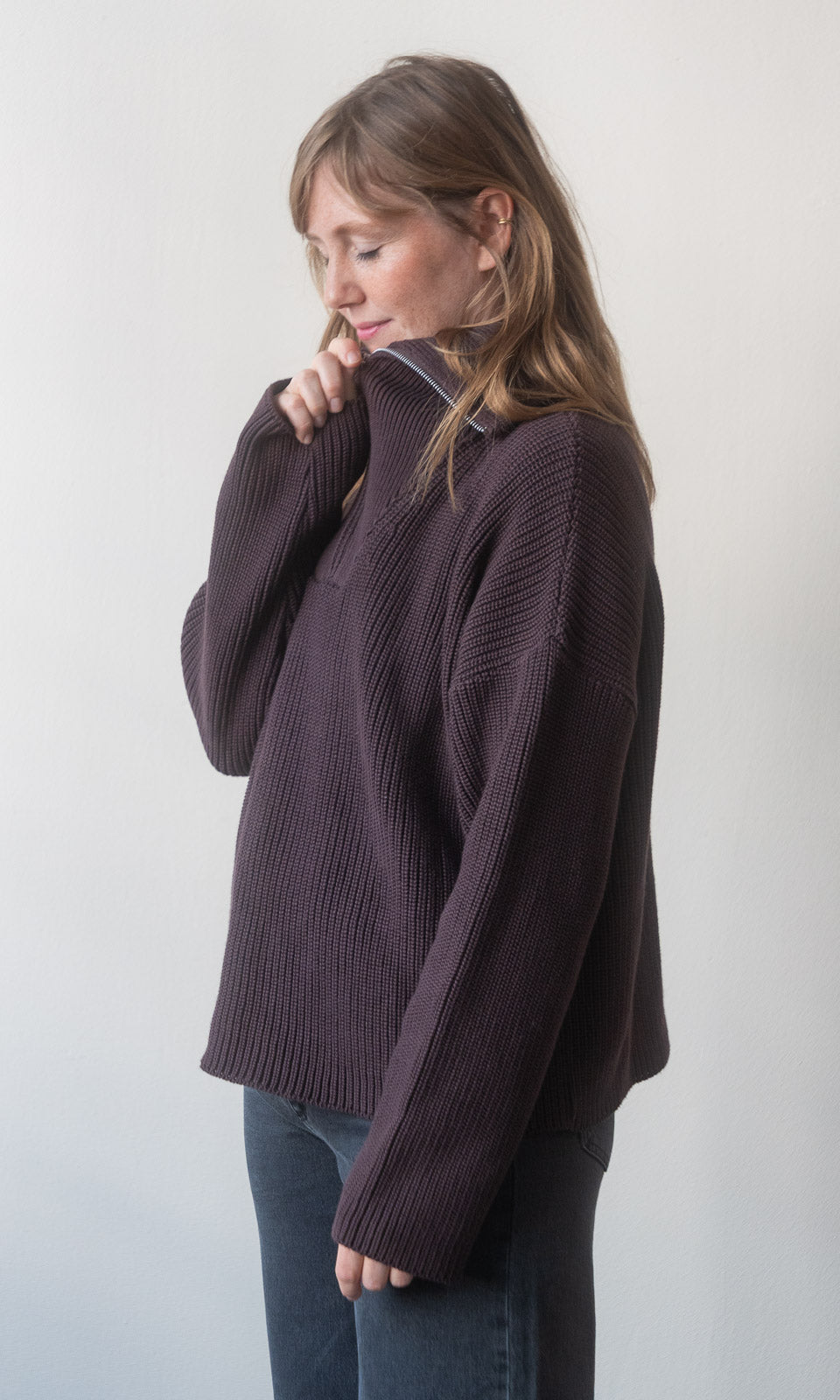Gerippter Pullover MIO mit Zipper / Braun - abricot coco