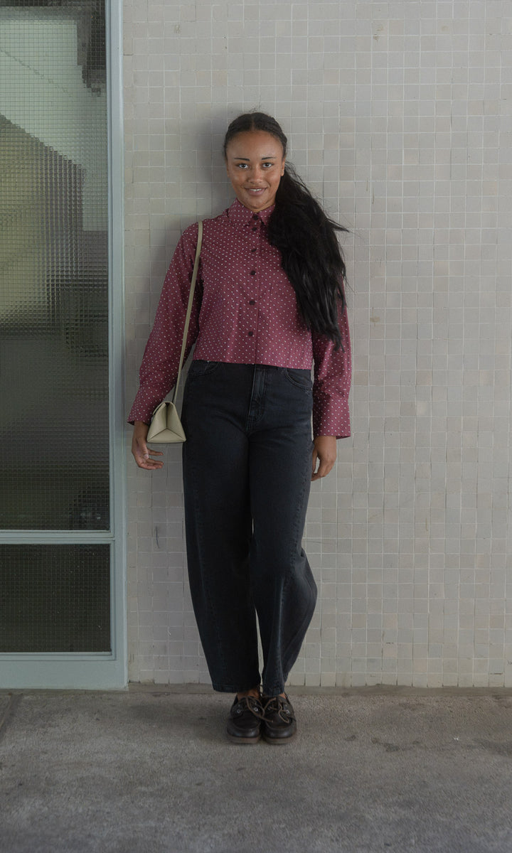 Cropped Oversized Hemd / Burgund-Rosa gepunktet