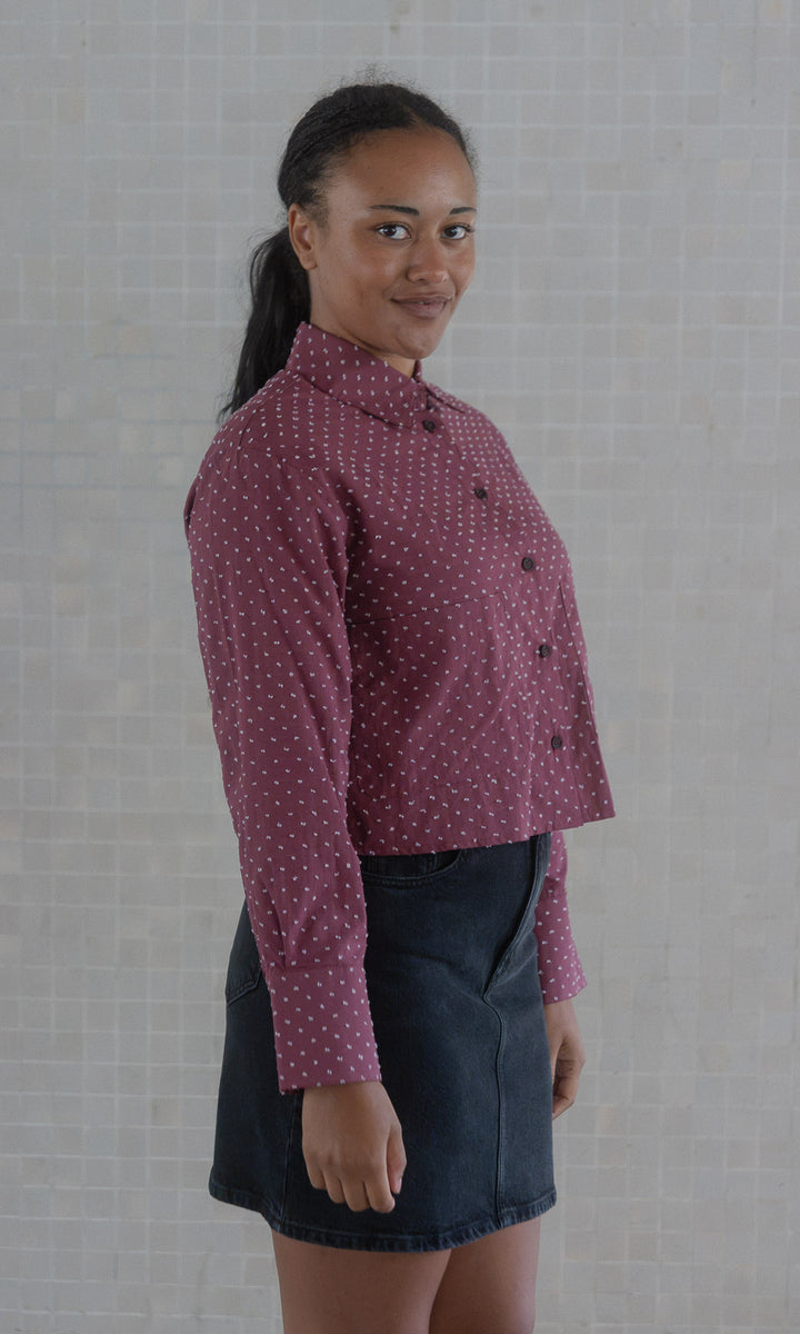 Cropped Oversized Hemd / Burgund-Rosa gepunktet