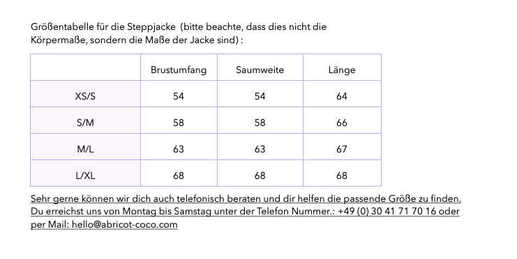 Grössentabelle