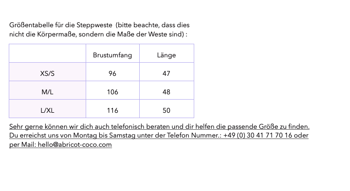 Grössentabelle