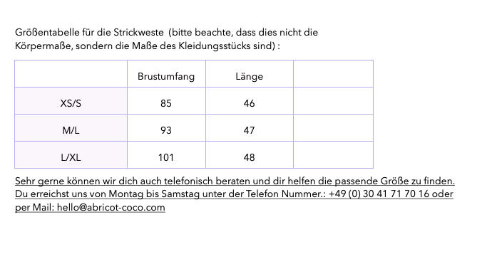 Grössentabelle