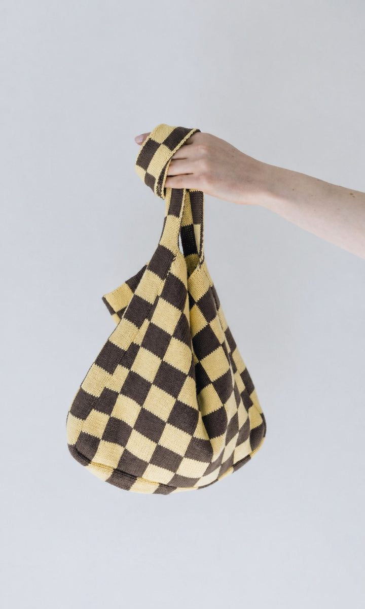 Stricktasche mit Karomuster aus Bio-Baumwolle - abricot coco