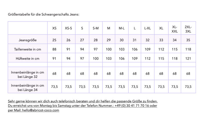Hellblaue Umstandsjeans im Mom Fit Look mit Bauchbund Größentabelle