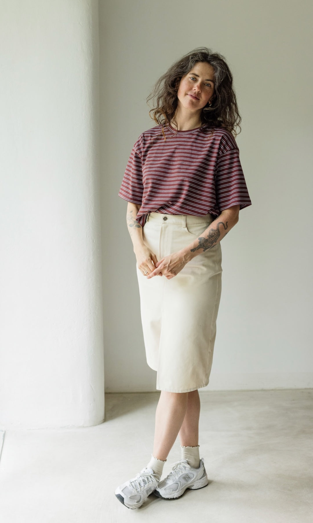 Oversized T-Shirt in Burgund-gestreift - abricot coco