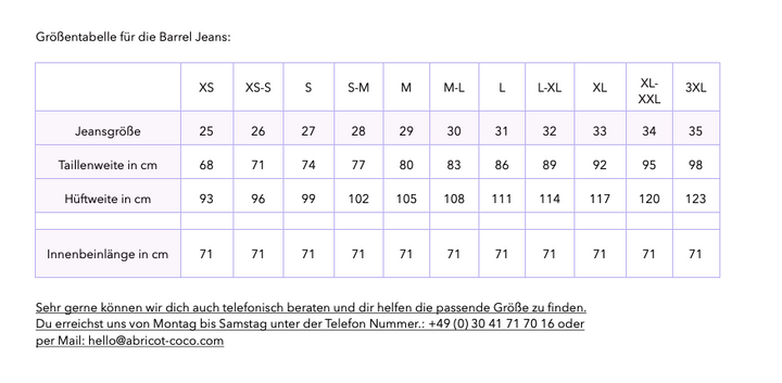 Barrel Jeans in schwarz aus Bio-Baumwolle – Größentabelle