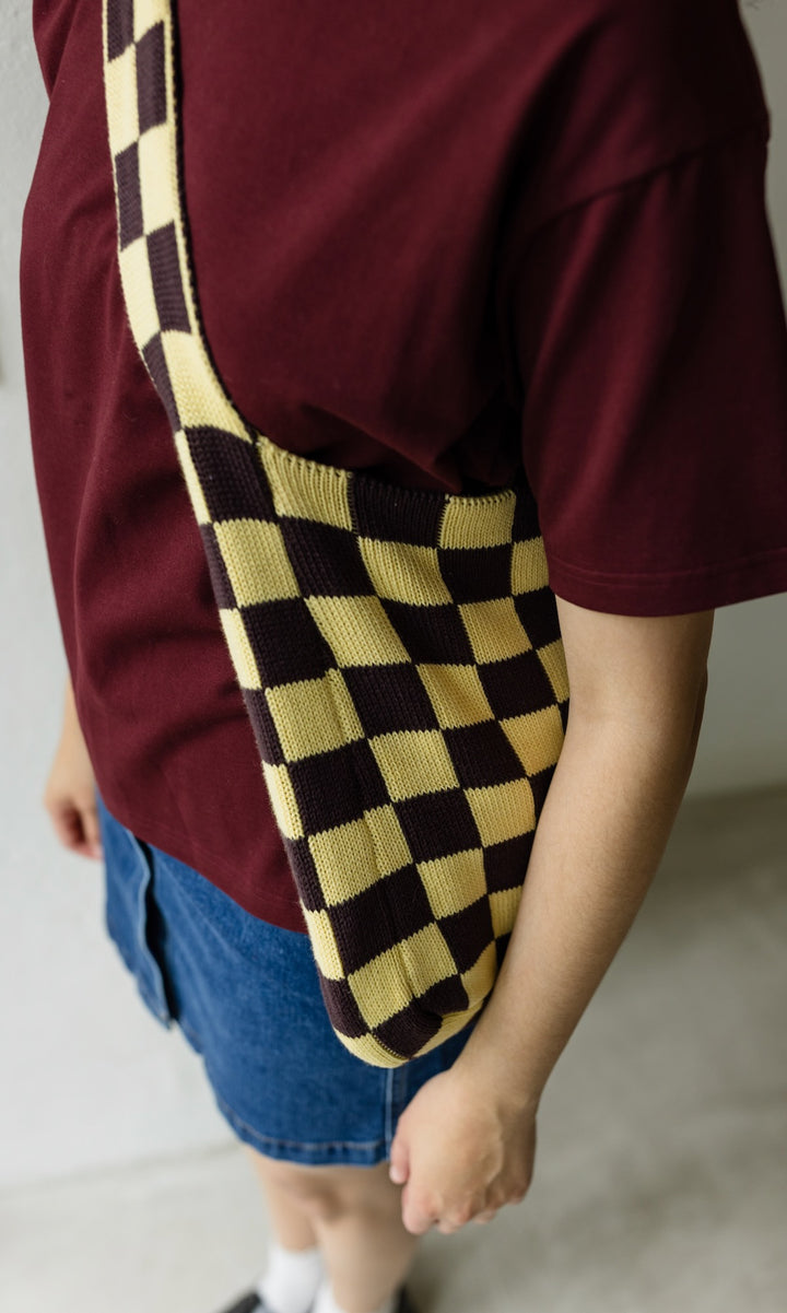 Stricktasche mit Karomuster aus Bio-Baumwolle - abricot coco