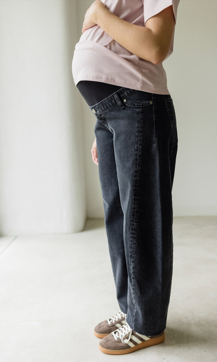 Schwangerschaftsjeans Barrel Leg Washed Black - abricot coco