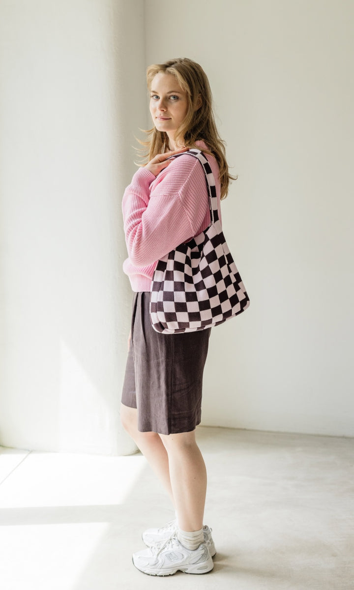 Stricktasche mit Karomuster Rosé - abricot coco