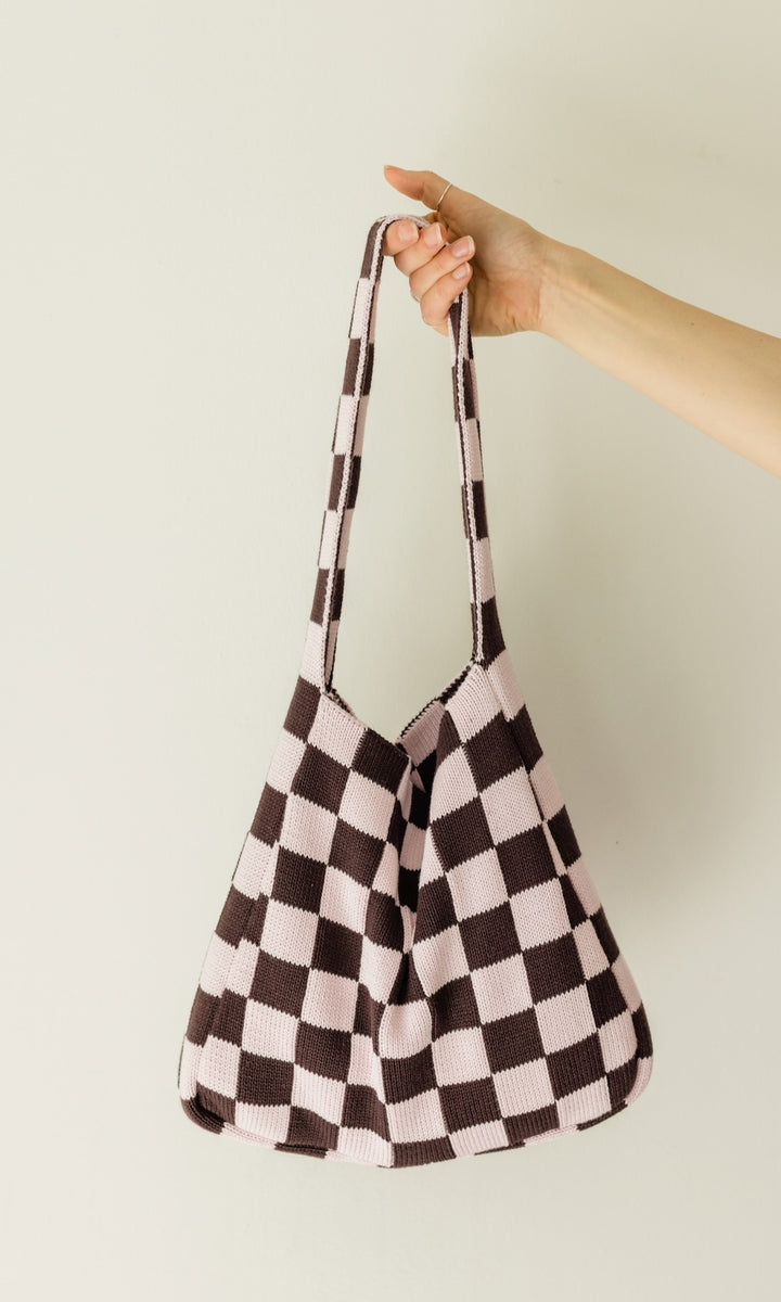 Stricktasche mit Karomuster Rosé - abricot coco