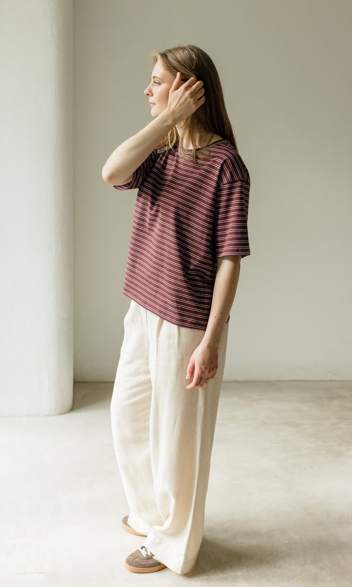 Oversized T-Shirt in Burgund-gestreift - abricot coco