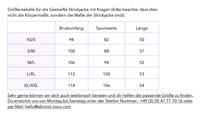 Gestreifte Strickjacke in rot weiß Größentabelle