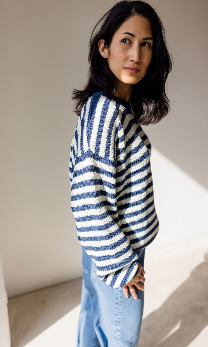 Pullover, Strickpullover, Strick, gestreift, blau, BioBaumwolle, Baumwolle, Bio, weiß, Rundhals, Skandinavisch, Scandinavian, Sweater, Knitted, Knit, nachhaltig, fair