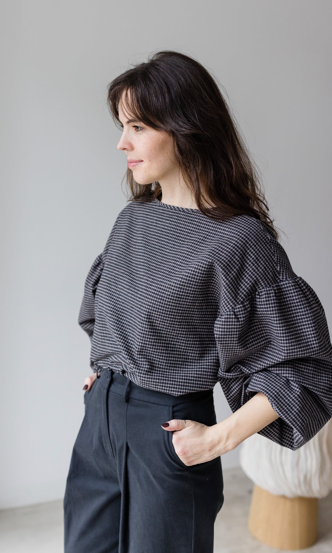 Bluse Oberteil Top karo grau schwarz anthrazit ballonärmel rundhals cropped 