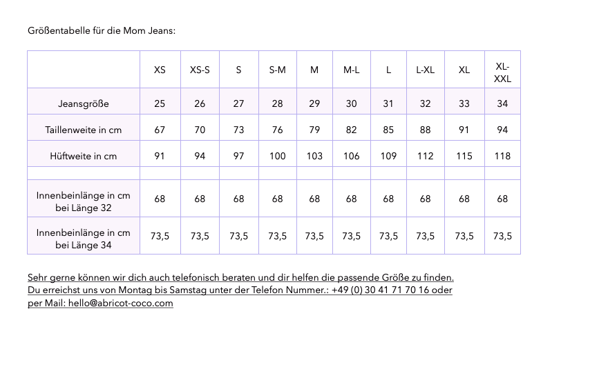 Mom Fit Jeans in schwarz aus Bio-Baumwolle - Größentabelle