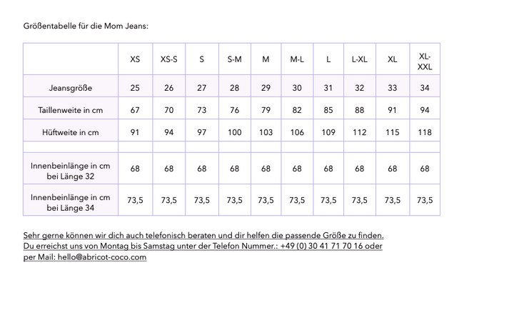 Mom Fit Jeans in schwarz aus Bio-Baumwolle - Größentabelle