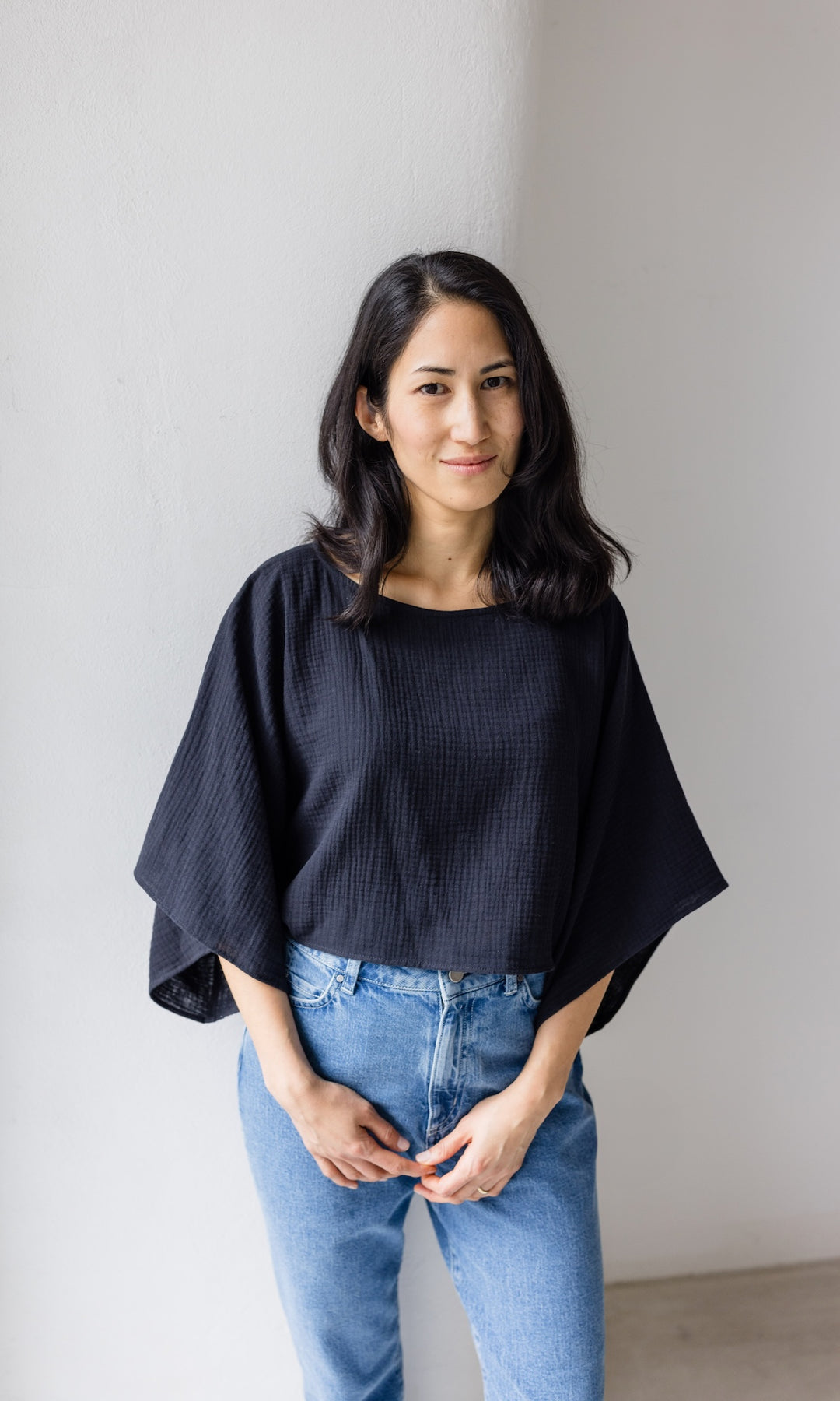 Musselin Oberteil Japanisch Top Shirt Schwarz black 
