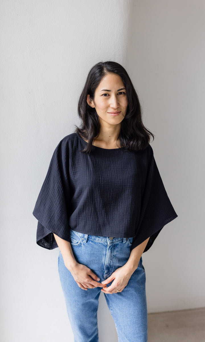 Musselin Oberteil Japanisch Top Shirt Schwarz black 
