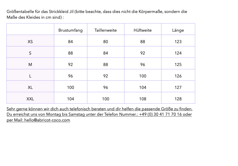 Größentabelle Strickkleid Jil lang in rot