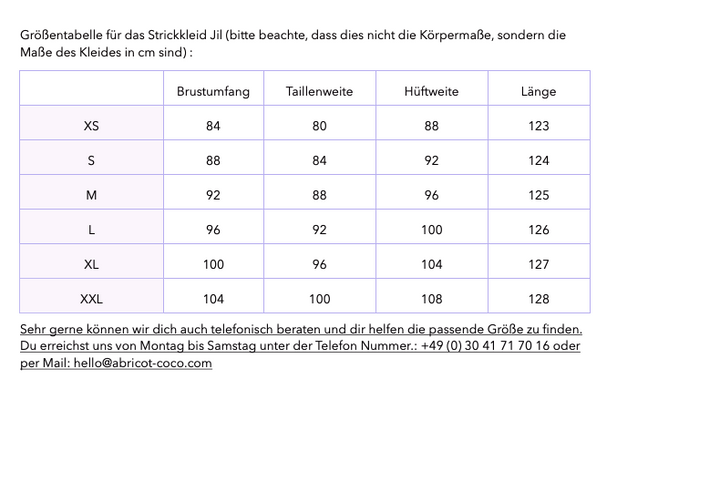 Größentabelle Strickkleid Jil lang in rot