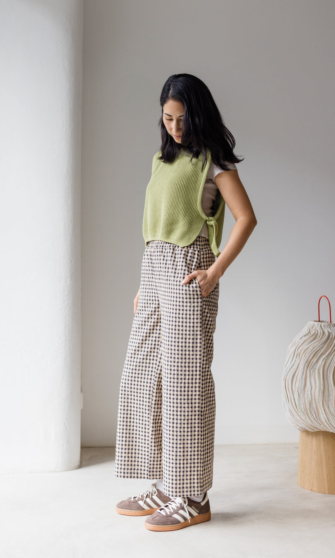 Culotte, Hose, Karo, beige, anthrazit, taschen, lang, gerade, weit, Elastikbund