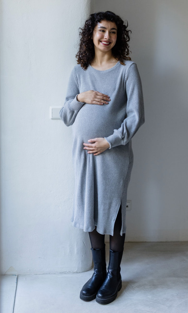 Langes Strickkleid Jules mit seitlicher Stillfunktion Grau