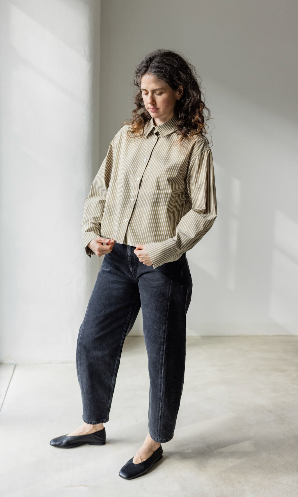 Cropped Oversized Hemd Olive Gestreift