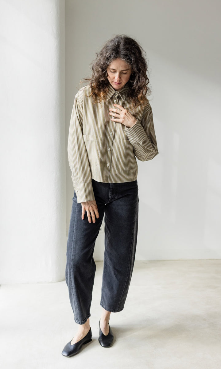 Cropped Oversized Hemd Olive Gestreift