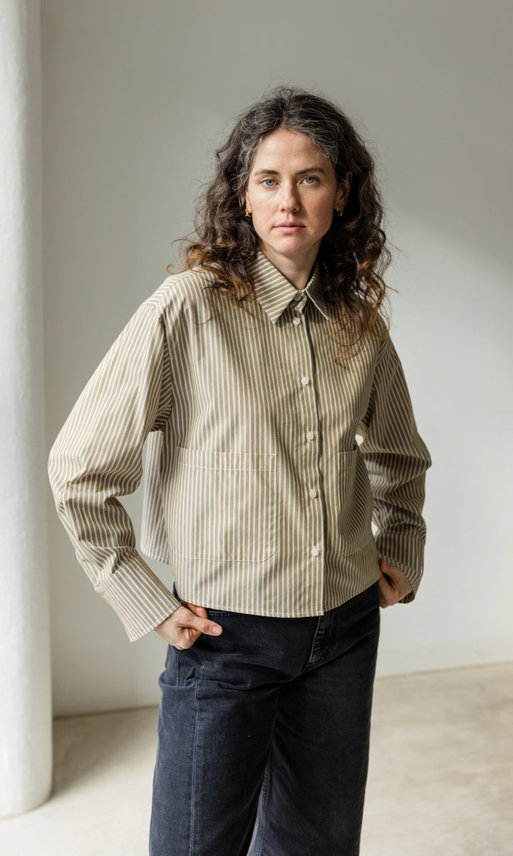 Cropped Oversized Hemd Olive Gestreift