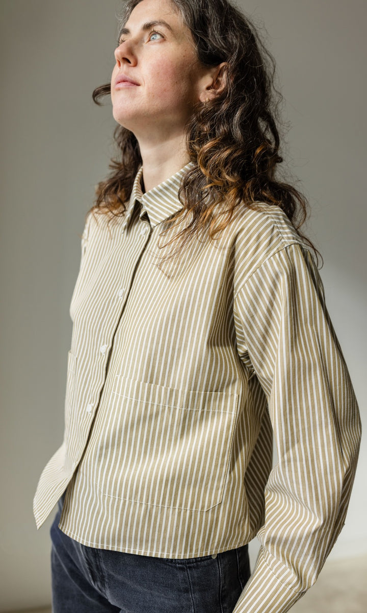 Cropped Oversized Hemd Olive Gestreift