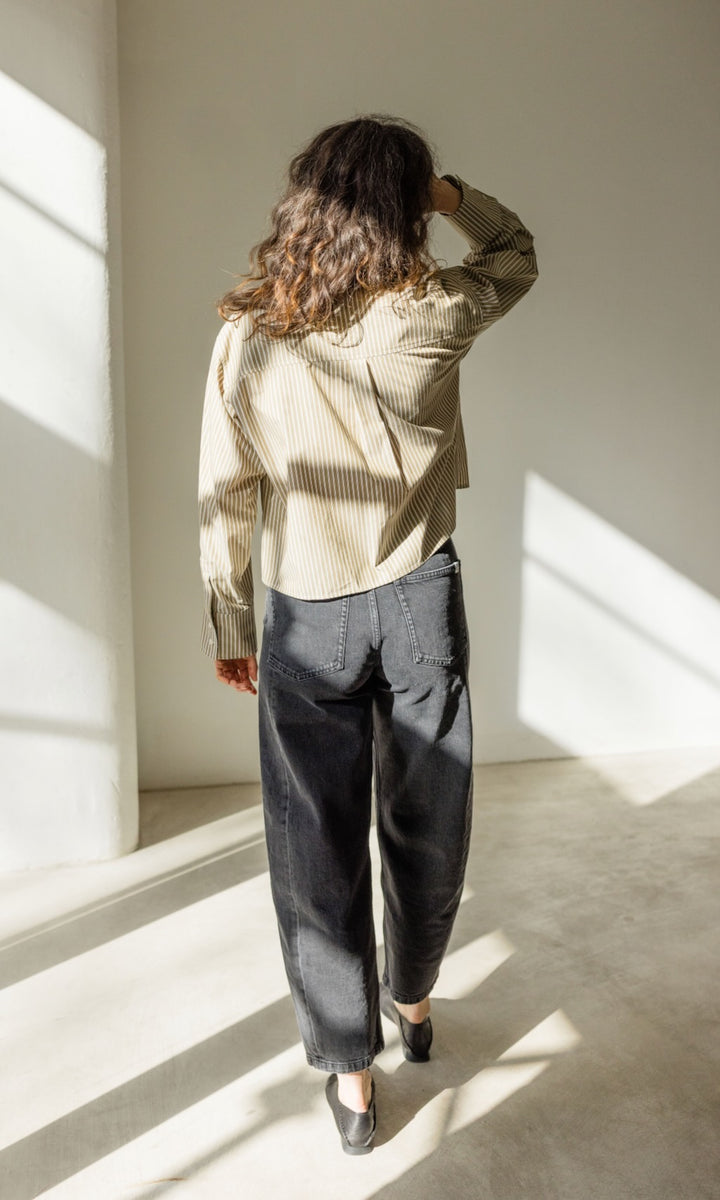 Cropped Oversized Hemd Olive Gestreift