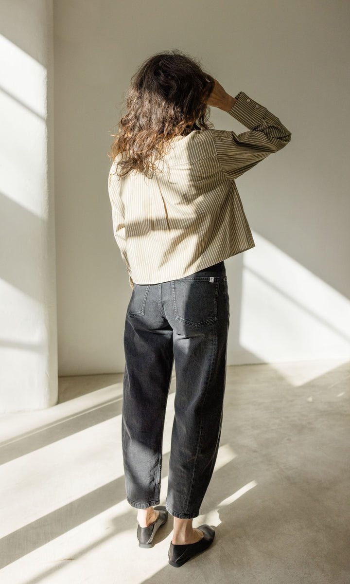 Cropped Oversized Hemd Olive Gestreift